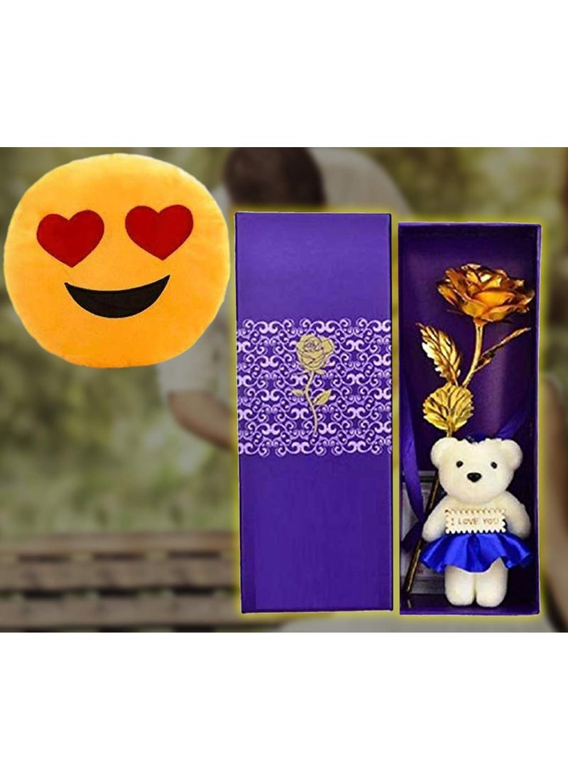 INTERNATIONAL GIFT Golden Rose Flower with Teddy and Carry Bag with Smiley Pillow