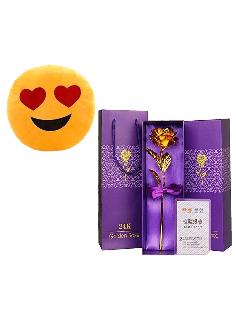 INTERNATIONAL GIFT Golden Rose Flower 25 cm with Beautiful Packing Box and Carry Bag with Emoji Heart Smiley PillowCushions