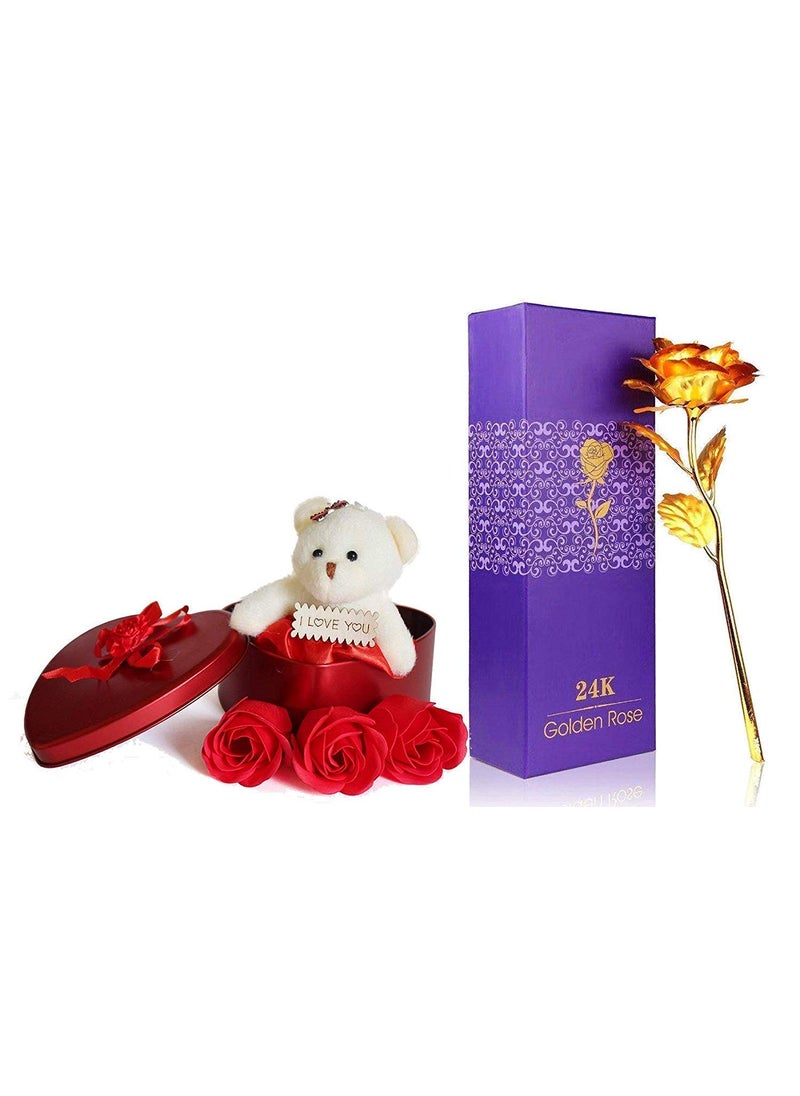 OANGO Gold Rose with Red Heart Gift Box and Soft Teddy Toy Best Gift to Express Love On Valentines Day Rose Day Or Dcor Purpose Specially for Your Love One