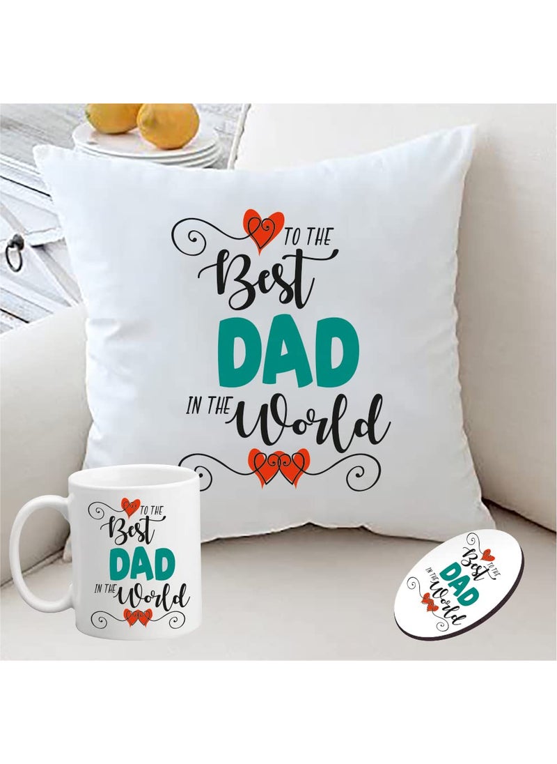 PICRAZEE Best Dad in D World Birthday Gift for Father Dad Papa Daddy 1 Cushion 12 12 Inches with Filler 1 Ceramic Mug 1 Fridge Magnet Best Dad in D World
