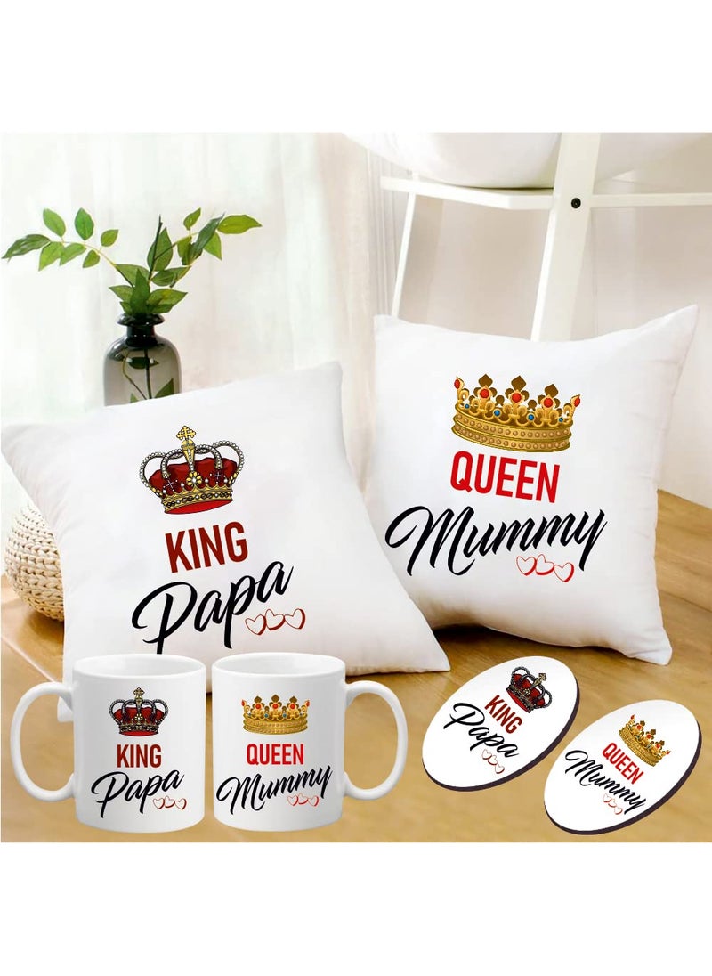 PICRAZEE King Papa Queen Mummy for Mummy Papa Parents Mother Father 2 pc 12x12 Satin Cushion with Filler 2 pc Coffee Mug 2 pc Fridge Magnet King Papa Queen Mummy