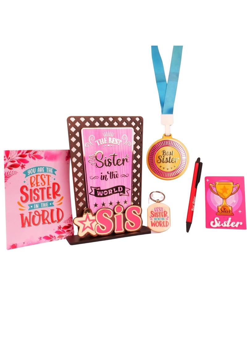 Regalo Casila Rakhi Gift Set For Sister Key Chain Medal Greeting Card For Sister Pen Gift Box Birthday Gifts For Sister Combo Set Gift Pack Sister Wooden Trophy