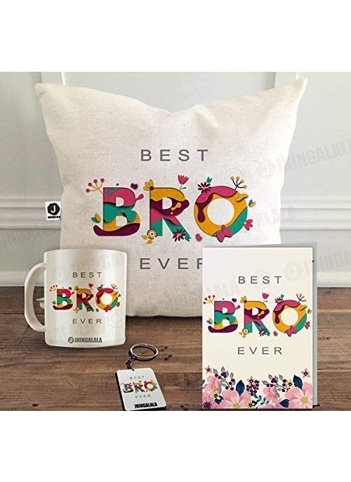 Jhingalala Printed Combo Gift Set for Brother Best Bro Ever Printed Raksha bandhan Gift Pack Cushion Cover 12 x 12 inch Cushion Filler Mug Key Ring and Greeting Card
