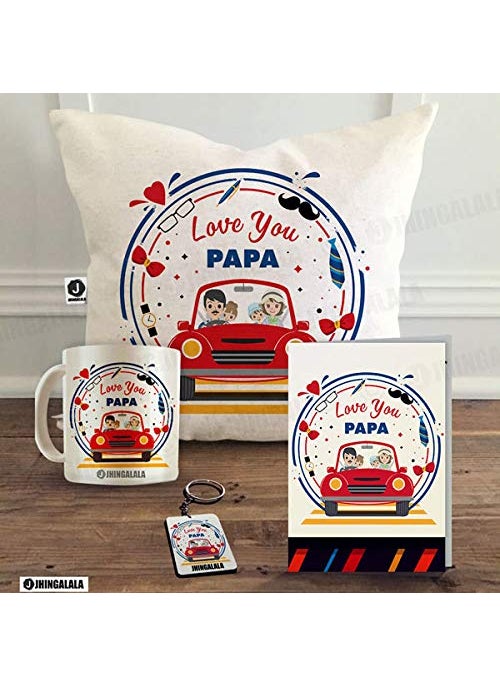 Jhingalala Printed Combo Gift Set for Fathers Day Love You Papa Printed Gift Pack Cushion Cover 12 x 12 inch Cushion Filler Mug Key Ring and Greeting Card