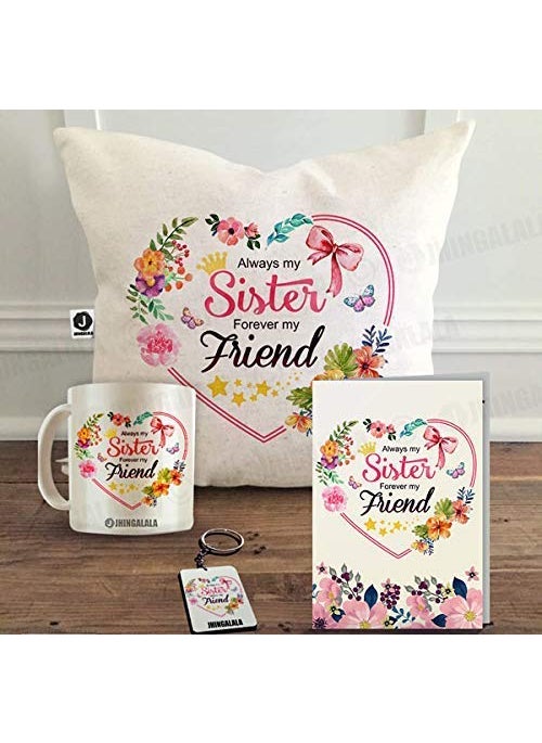 Jhingalala Printed Combo Gift Set for Sister Always My Sister Forever My Friend Printed Gift Pack Cushion Cover 12 x 12 inch Cushion Filler Mug Key Ring and Greeting Card