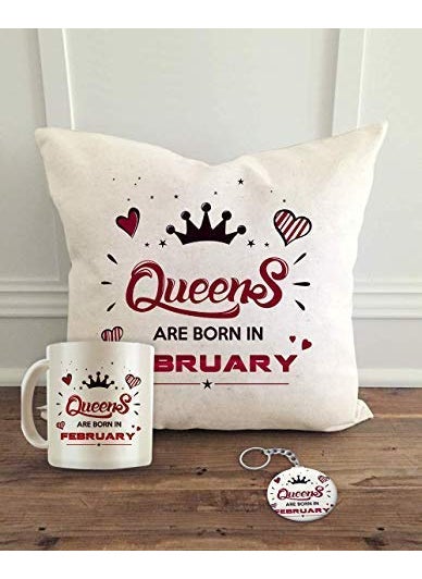 ALDIVO Queens are Born in February Printed Combo Set of 12 x 12inch Satin Cushion Cover with Filler Mug and Key Ring White