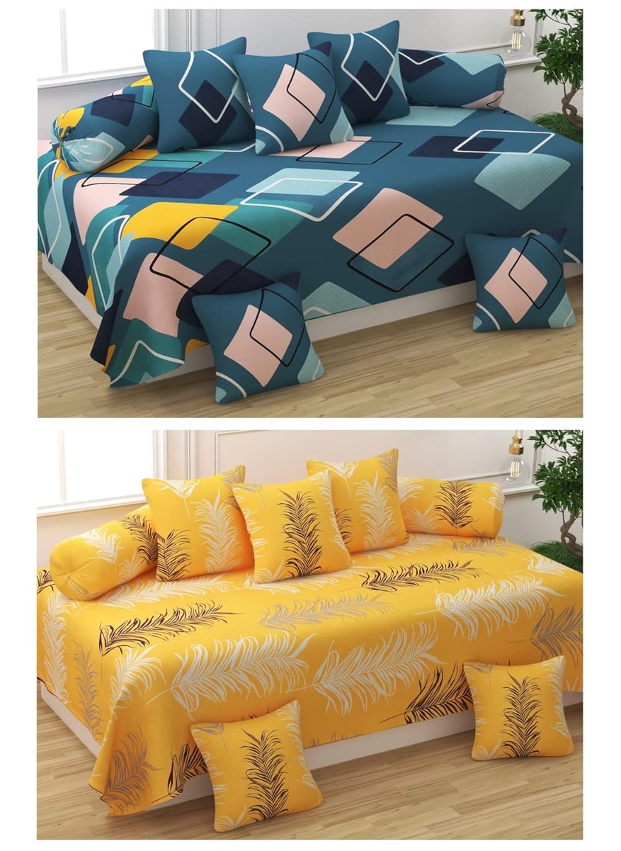 CHHILAKIYA Supper Soft Printed diwan Set Combo 2 diwan bedsheet Single 10 Cushion Covers Zipper 4 Bolster Covers BlueYellow