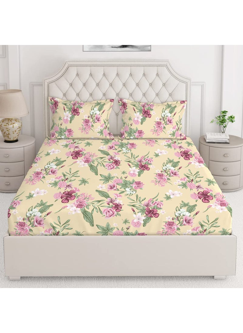 Layers Classic 100 Cotton Bedsheet Set for All Seasons Lightweight Moisture Absorbent Machine Washable Easy to Care 104 TC Queen Size Light Yellow Floral Pattern