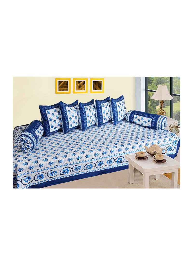 SkyKross Everyday A New Thing Special Floral Printed Pure Soft Cotton Diwan Cover Set 8 Pcs Set 5 Cushion Cover2 Bolster Cover1 Bedsheet Blue
