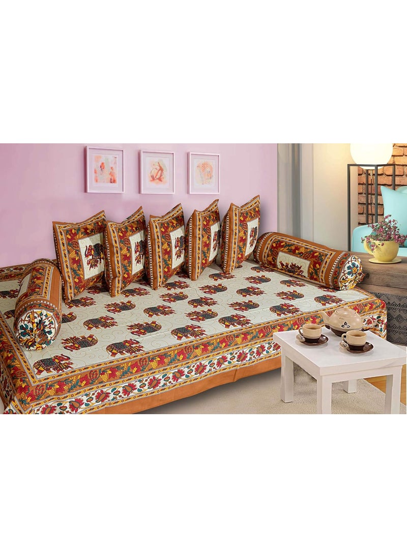 SkyKross Everyday A New Thing Special Animal Printed Pure Soft Cotton Diwan Cover Set 8 Pcs Set 5 Cushion Cover2 Bolster Cover1 Bedsheet Mustard
