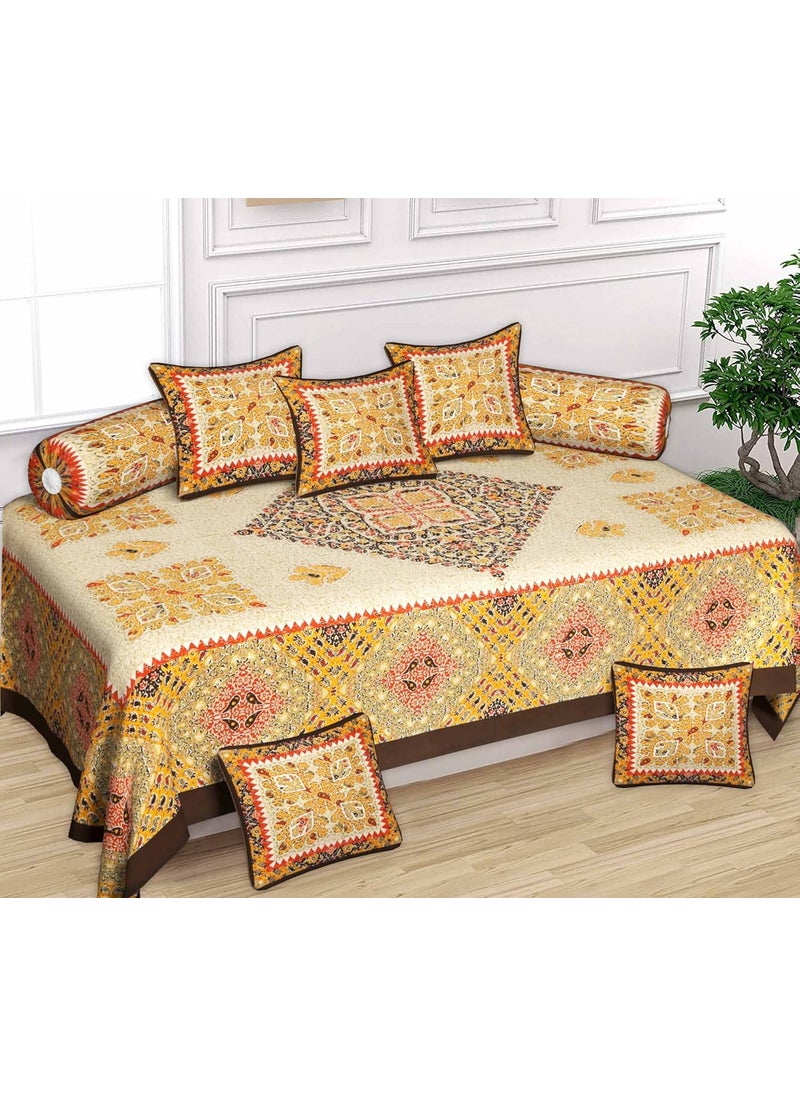 SkyKross Everyday A New Thing Barmeri Abstract Special Pure Cotton Diwan Set 5 Cushion Cover2 Bolster Cover1 Bedsheet Brown