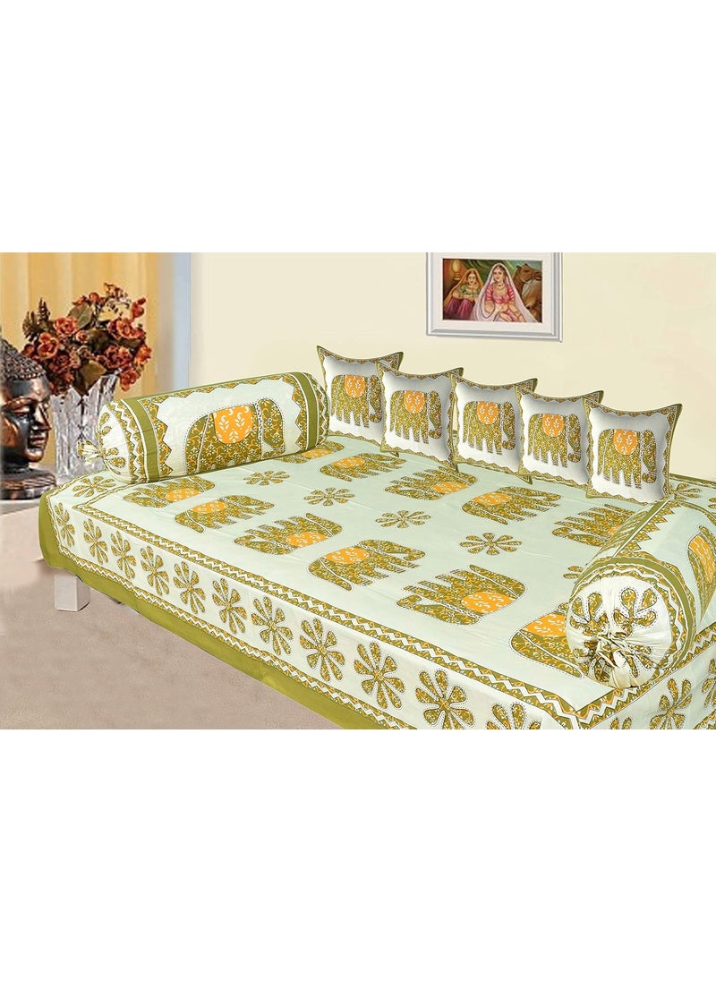 SkyKross Everyday A New Thing Veda Cream Special Hathi Pure Soft Cotton Diwan Cover Set 8 Pcs Set 5 Cushion Cover2 Bolster Cover1 Bedsheet Green