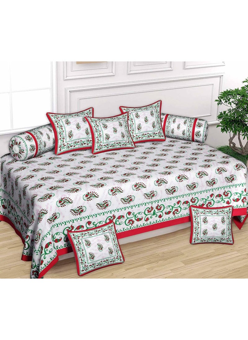 SkyKross Everyday A New Thing SuperWhite Rajasthani Pure Soft Cotton Diwan Cover Set 8 Pcs Set 5 Cushion Cover2 Bolster Cover1 Bedsheet Pink