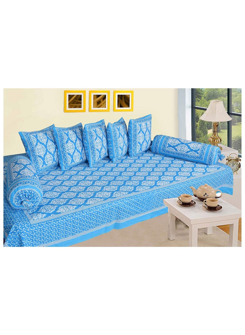SkyKross Everyday A New Thing Maharaja Special Floral Pure Soft Cotton Diwan Cover Set 8 Pcs Set 5 Cushion Cover2 Bolster Cover1 Bedsheet SkyBlue