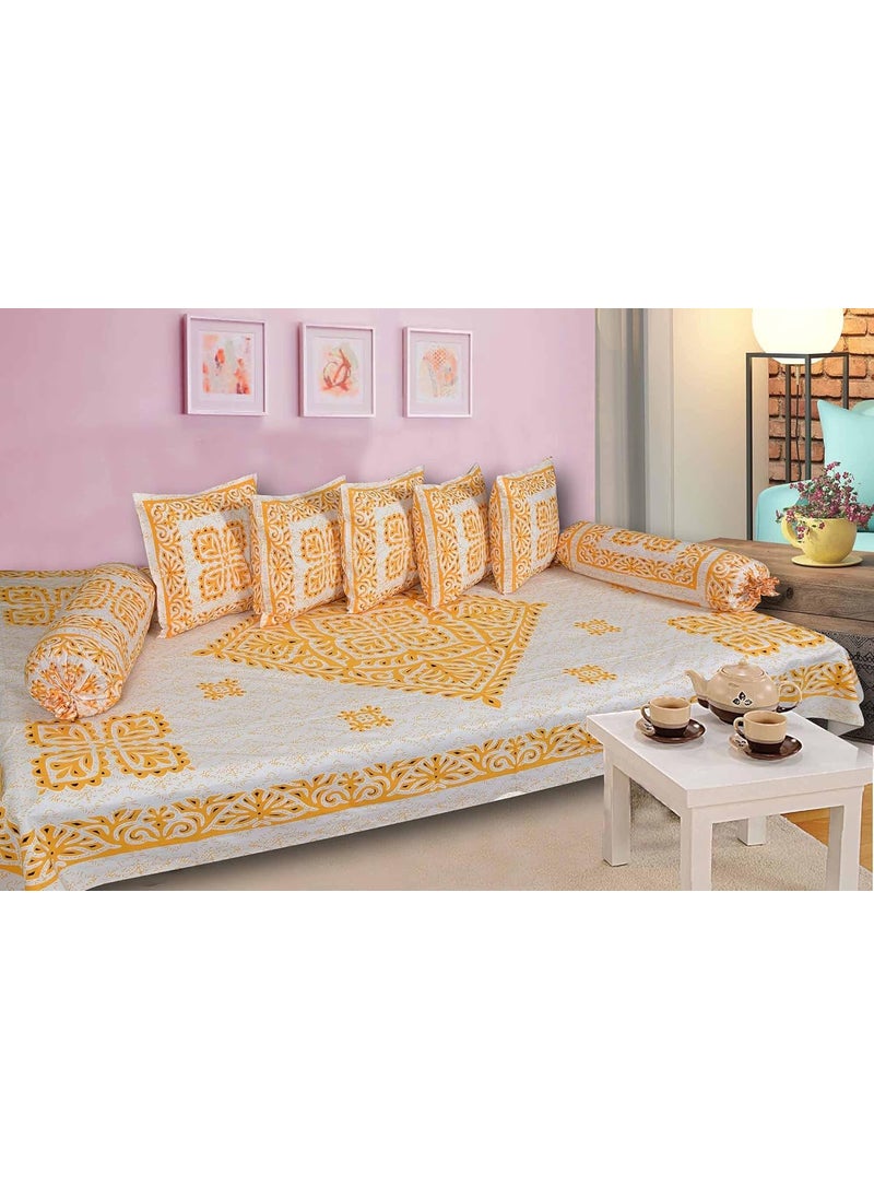 SkyKross Everyday A New Thing Block Print Pure Soft Cotton Diwan Cover Set 8 Pcs Set 5 Cushion Cover2 Bolster Cover1 Bedsheet Yellow