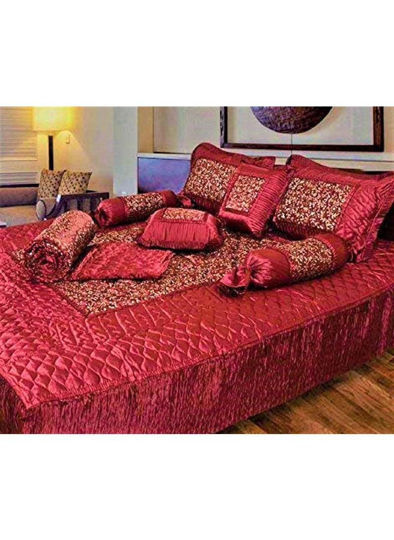 ManavRachit Satin Gold Printed 310 TC Double Bed Wedding Bedding Set 8 Pieces Red for Home Living Room Jaal Print Red Jaal