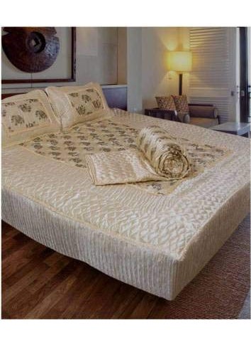ManavRachit Satin Gold Printed 310 TC Double Bed Wedding Bedding Set 8 Pieces Cream for Home Living Room Hathi Print Cream Hathi