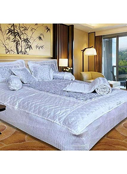ManavRachit Satin Gold Printed 310 TC Double Bed Wedding Bedding Set 8 Pieces for Home Living Room Jaal Print White Jaal Color