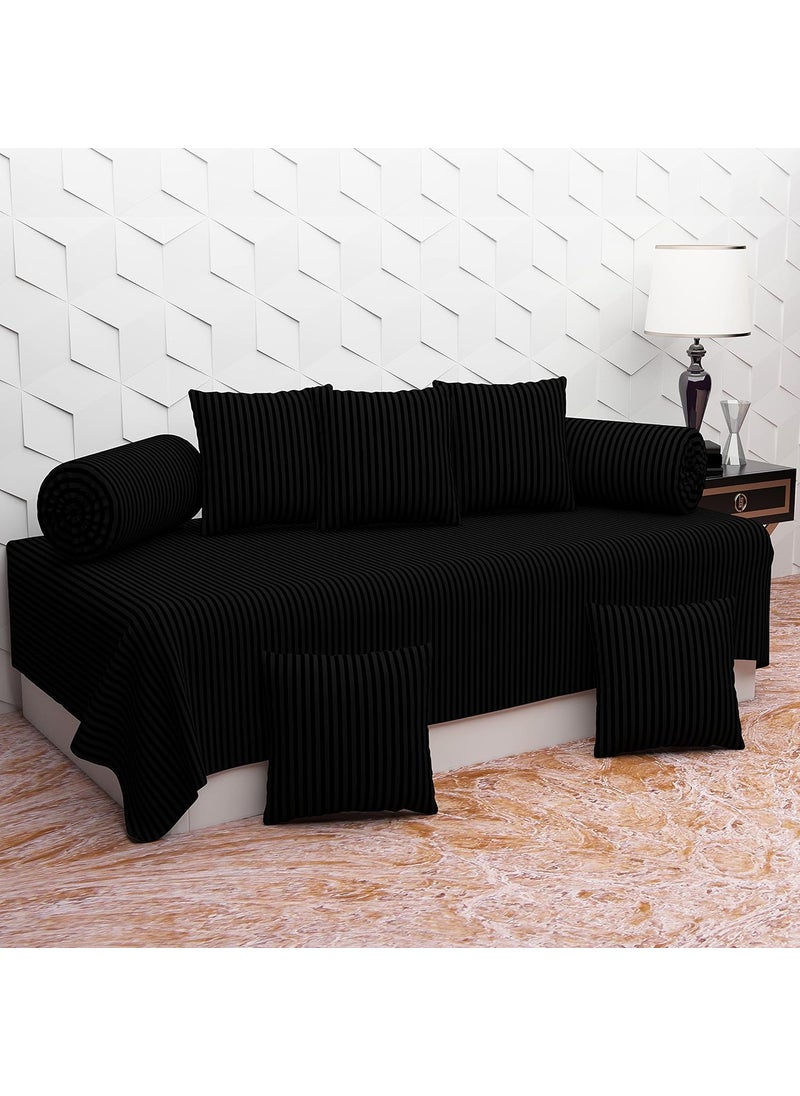 RAEXBE 210TC Solid Plain Color Glace Cotton Diwan Set for Bedroom Living Room 8 pcs Diwan Set 1 Single Bedsheet 5 Cushion Covers 2 Bolster Covers Black Stripe
