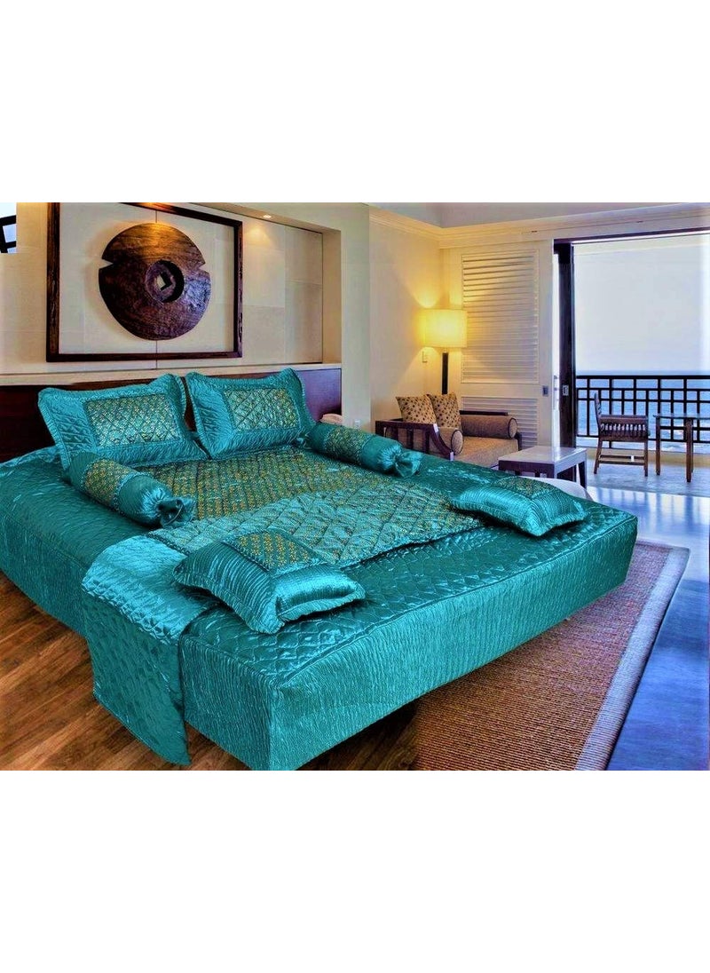 ManavRachit Self Design Satin Wedding Bedding Set Set of 8 pcs1 Double Bed Bedsheet 2 Pillow Cover 2 Filled Cushion 2 Filled Bolsters 1 AC Comforter Designer BUTTI RAMAGREEN