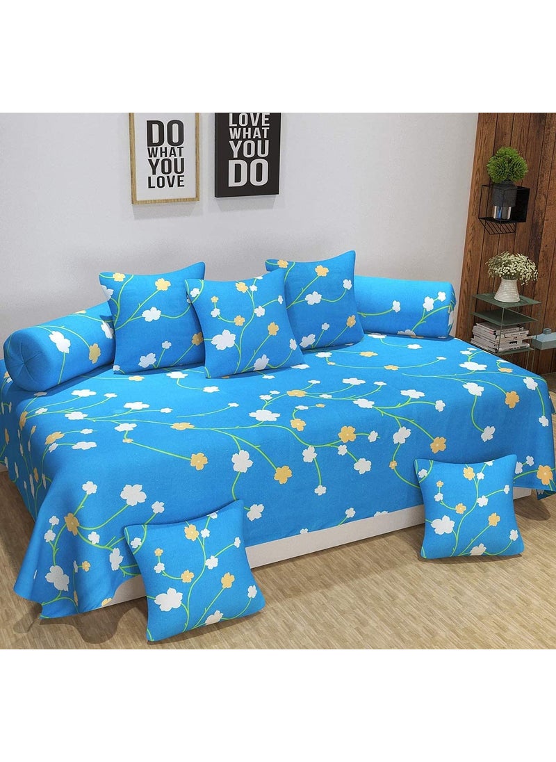 MORADO Diwan Set Covers 8 Pieces Premium Glace Cotton Designer Printed Standard Diwan Set 1 Single Bedsheet 2 Bolster Covers 5 Cushion Covers Blue