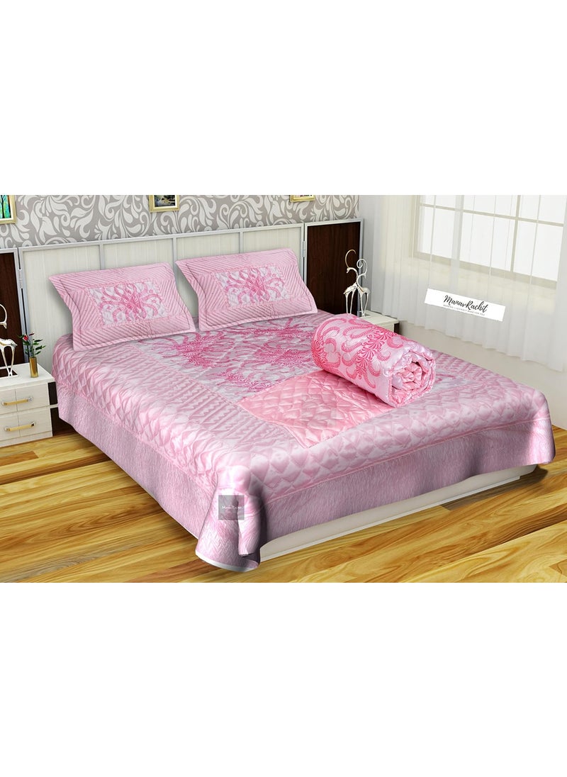 ManavRachit Satin Gold Printed 310 TC Wedding Bedding Set Bedsheet with 2 Pillow Covers 1 AC Comforter for Home Living RoomSet of 4pc VIP PrintPink