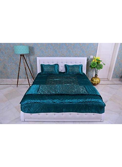 ManavRachit 310 TC Rajasthani Luxury Gold Printed King Size Satin Wedding Bedding Set Set of 4 Pieces for Home Hotels Guest House PGs Living Room Rama Green