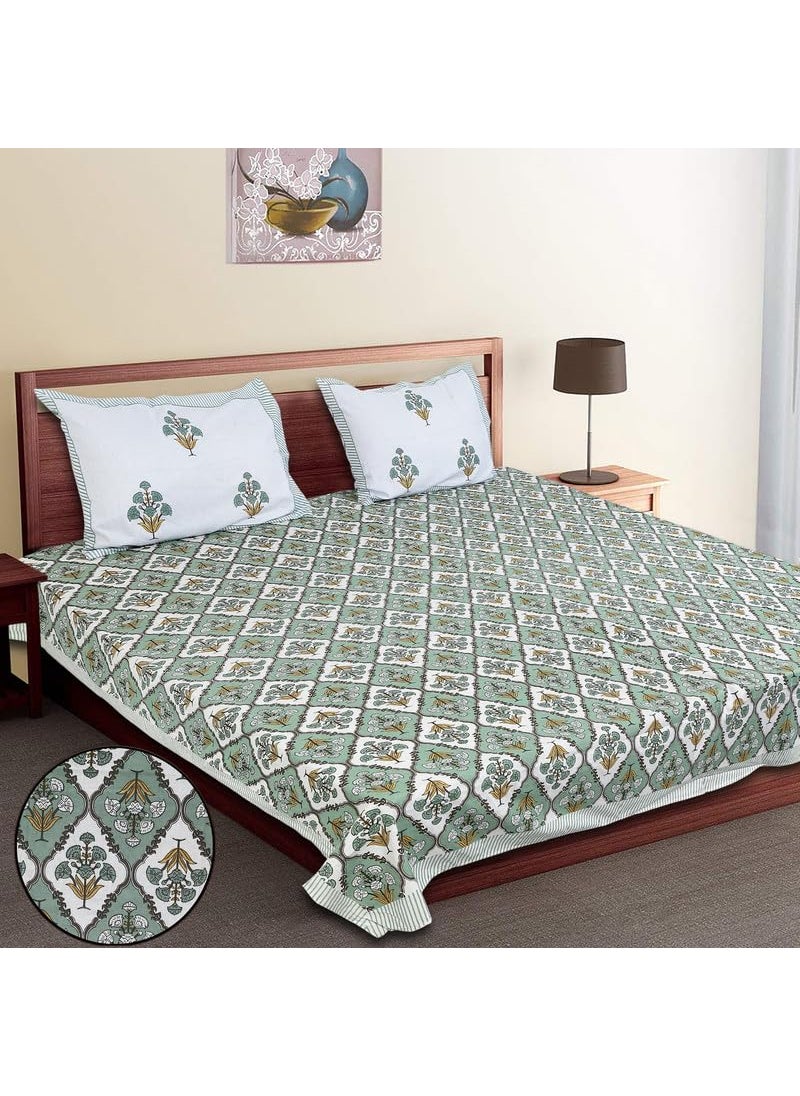 BRING FINE Pure Cotton Bedsheet 200 Thread Count Set of 3 Queen Size Floral Green