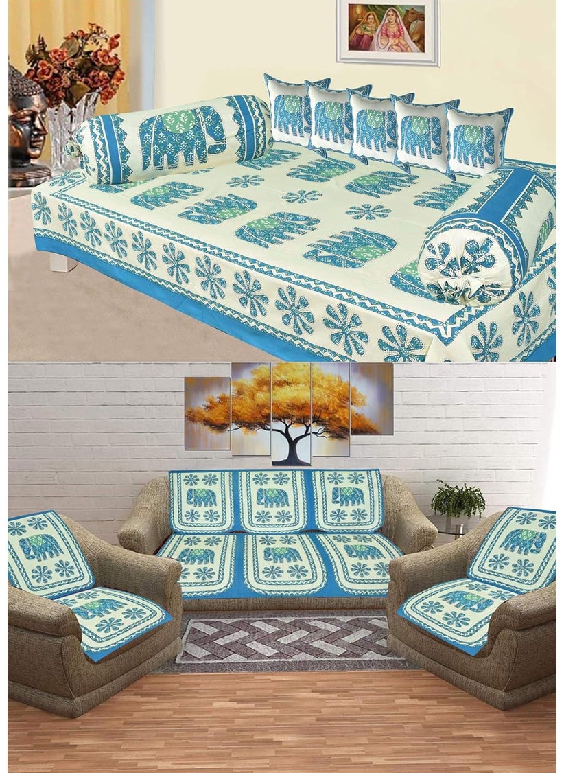 SkyKross Everyday A New Thing Veda Cream Special Hathi Pure Cotton ROOMSET Diwan Set Sofa Set Single Bedsheet 2 Bolster Covers 5 Cushion Covers and Five Seater Sofa Cover Set Blue