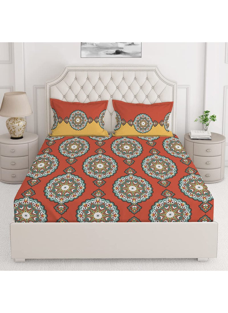 Layers Utsav 100 Cotton Bedsheet Set for All Seasons Lightweight Moisture Absorbent Machine Washable Easy to Care 104 TC Queen Size Reddish Brown Ethnic Pattern