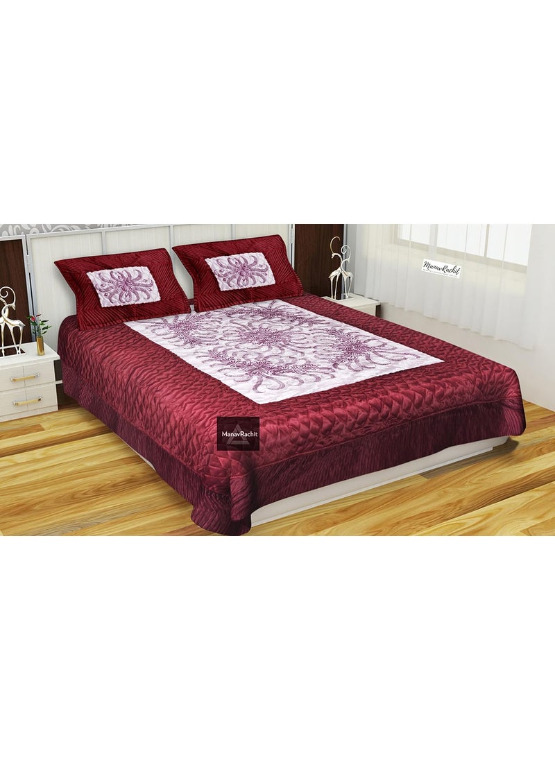 ManavRachit Satin Gold Printed 310 TC Wedding Bedding Set Bedsheet with 2 Pillow Covers for Home Living RoomSet of 3pc VIP Print Maroon