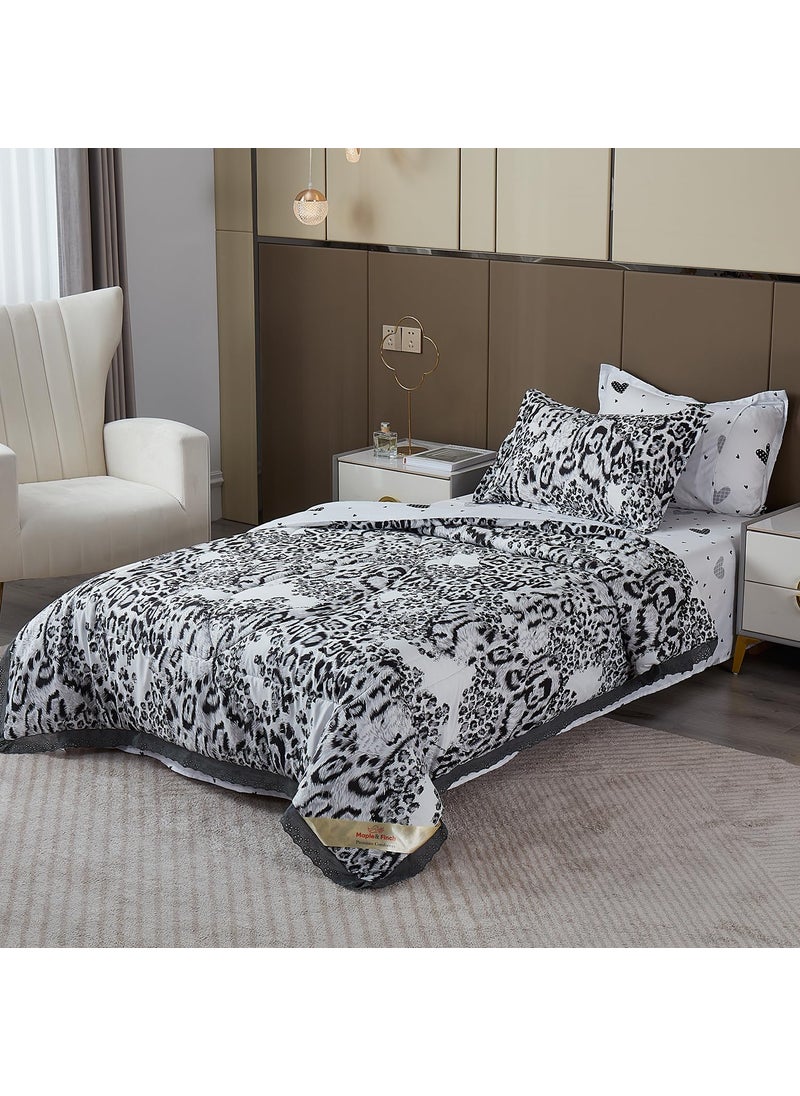 MapleFinch Microfiber Quilted Ultra Soft Reversible Single Bed Bedding Set with AC Comforter 1 Bedsheet and 1 Pillow Cover All Weather Duvet 220 GSM Black White Animal Print AR491012D1