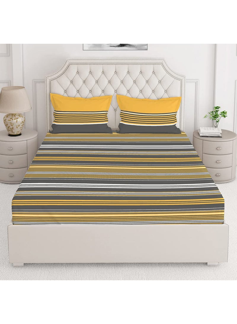 Layers Colorado 100 Cotton Bedsheet Set for All Seasons Lightweight Moisture Absorbent Machine Washable Easy to Care 225 CVC Queen Size YellowGrey Striped Pattern