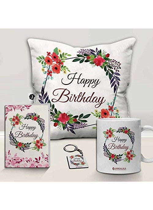 Jhingalala Happy Birthday Printed Satin Pillow Combo White 5 Pieces