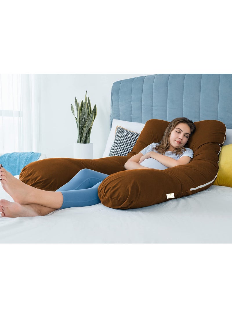 Linenovation Premium Microfiber Ultra Soft U Shaped Pregnancy PillowMaternity PillowBody PillowLumber Zippered CoverBrown