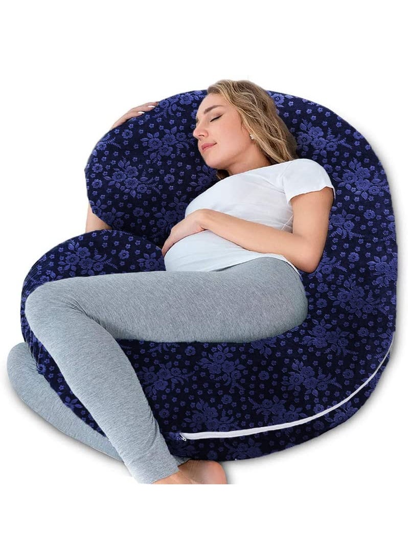 Moms Moon Premium C Shaped Full Body Maternity Pillow with Flower Print Velvet Removable Cover Support for Back Legs Belly for Pregnant Women 55 Inch Pregnancy Pillows for Sleeping Dark Blue