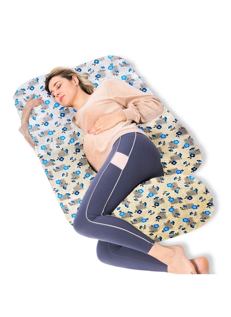 Moms Moon 55 J Shaped Full Support Side Sleeper PregnancyMaternity Pillow for Pregnant Women Sleeping with Removable Sea Blue Flower Print Velvet Cover
