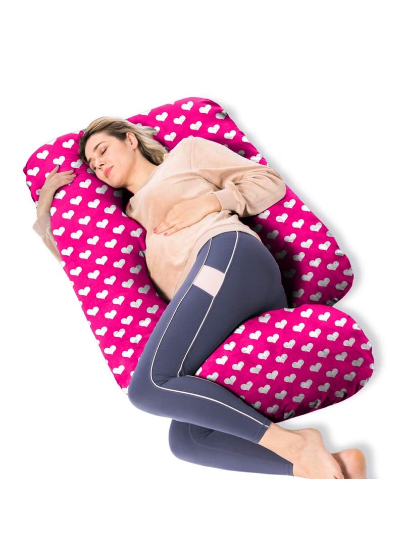 Moms Moon Ultimate Comfort JShaped Pregnancy Pillow ll Maternity Pillow for Pregnant Women with Washable Heart Print Velvet Rani Pink