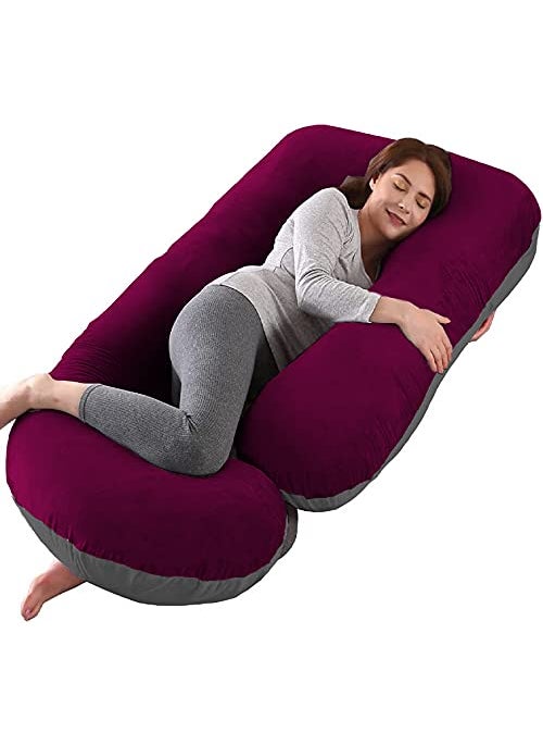 Moms Moon Full Body Support Pregnancy PillowMaternity Breastfeeding Pillow for Pregnant Women Velvet J Shaped Reversible Wine Grey pack of 1