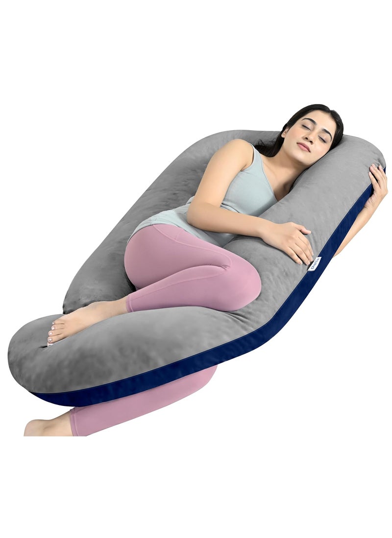 Cherilo Full Body G Shaped Pregnancy Pillow for Pregnant Women and Nursing Mom Single Pillow for Multipurpose Use During Maternity Premium Velvet Outer Cover with Zip GreyNavy Blue