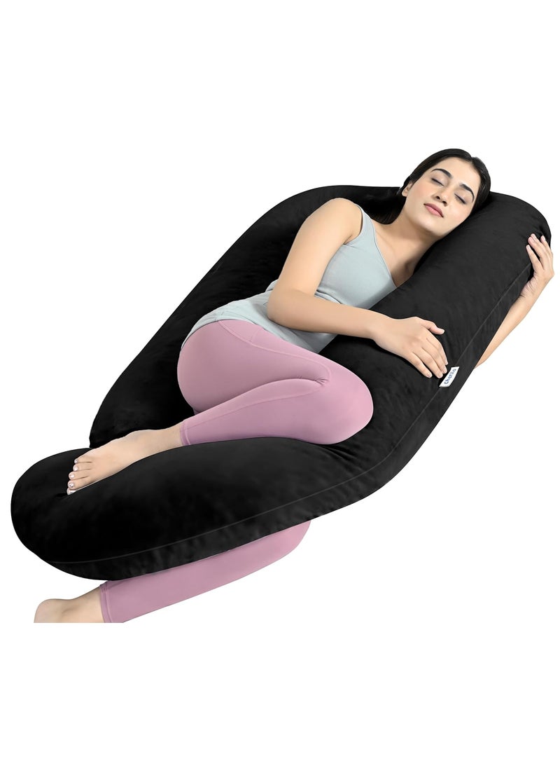 Cherilo Full Body G Shaped Pregnancy Pillow for Pregnant Women and Nursing Mom Single Pillow for Multipurpose Use During Maternity Premium Velvet Outer Cover with Zip Black