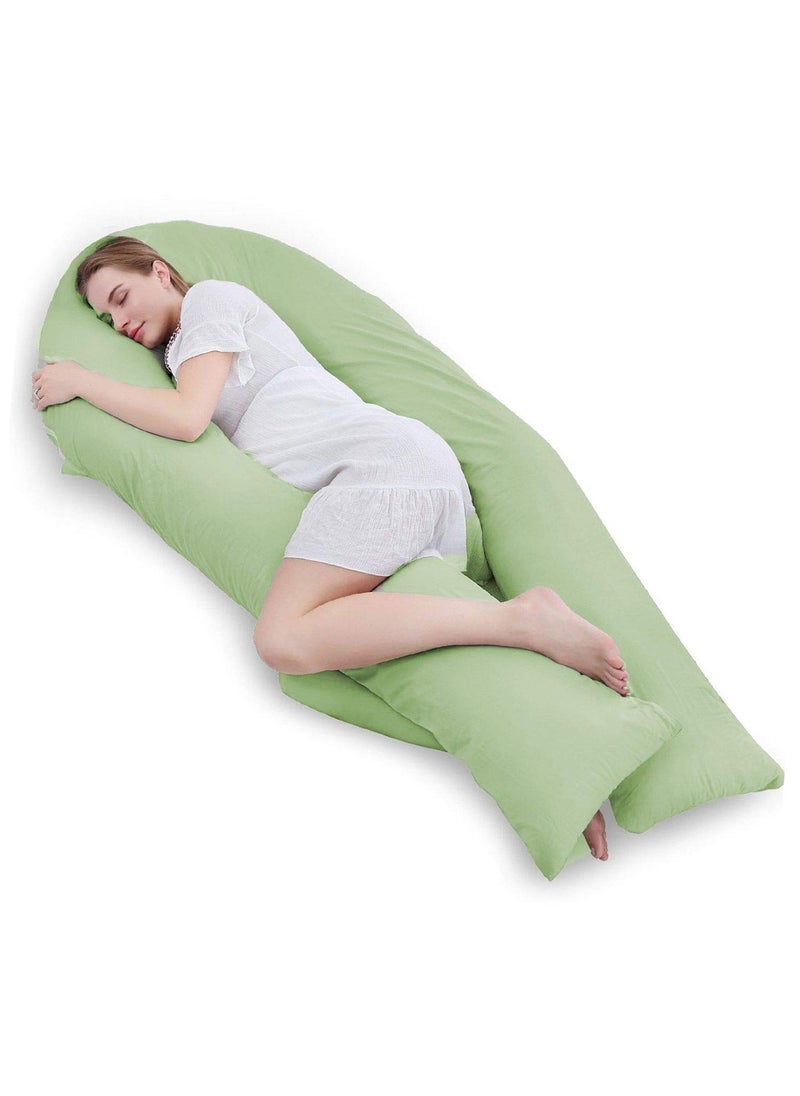 Linenovation Long U Shaped Pregnancy PillowBody PillowLumbar PillowMaternity Pillow with Cotton Zippered CoverMint Green
