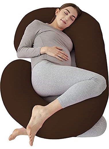 Moms Moon Maternity Pregnancy Body Pillow with Cottn CoverC Shaped Full Body Pillow for Pregnant Women Sleeping Brown
