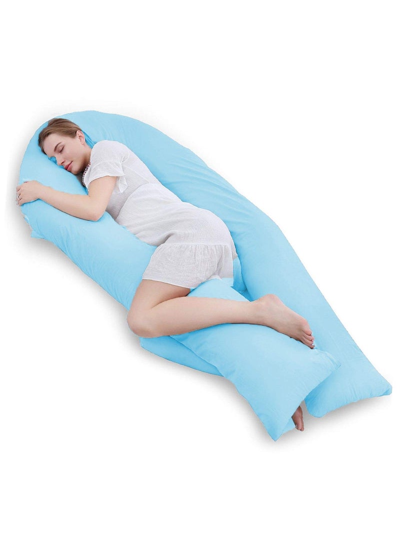 Linenovation Long U Shaped Pregnancy PillowBody PillowLumbar PillowMaternity Pillow with Cotton Zippered CoverSky Blue