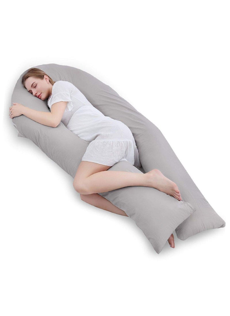 Linenovation Long U Shaped Pregnancy PillowBody PillowLumbar PillowMaternity Pillow with Cotton Zippered CoverGrey