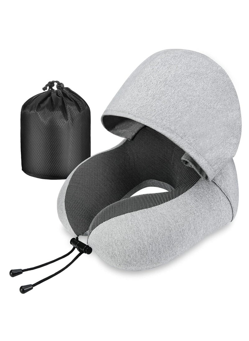 Meneflix Travel Pillow Neck Pillow for Travel with Hood for Airplane Velvet Memory Foam Neck Pillow Adult Head Neck Support for Long Flights Plane Office Cars Sleeping Rest Grey