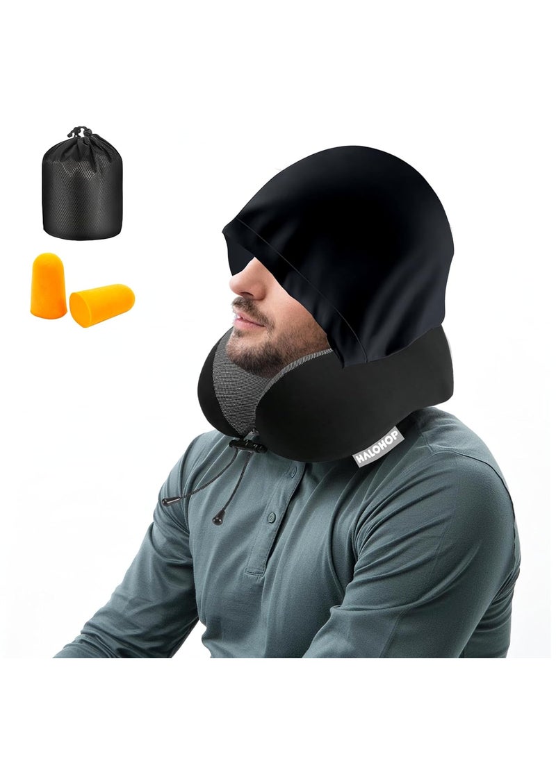 Halohop Hooded Neck Pillow for Travel Upgraded 100 Pure Memory Foam Travel Pillow for Flights Comfortable Neck Support Pillow for Neck Pain Machine Washable Neck Rest Pillows