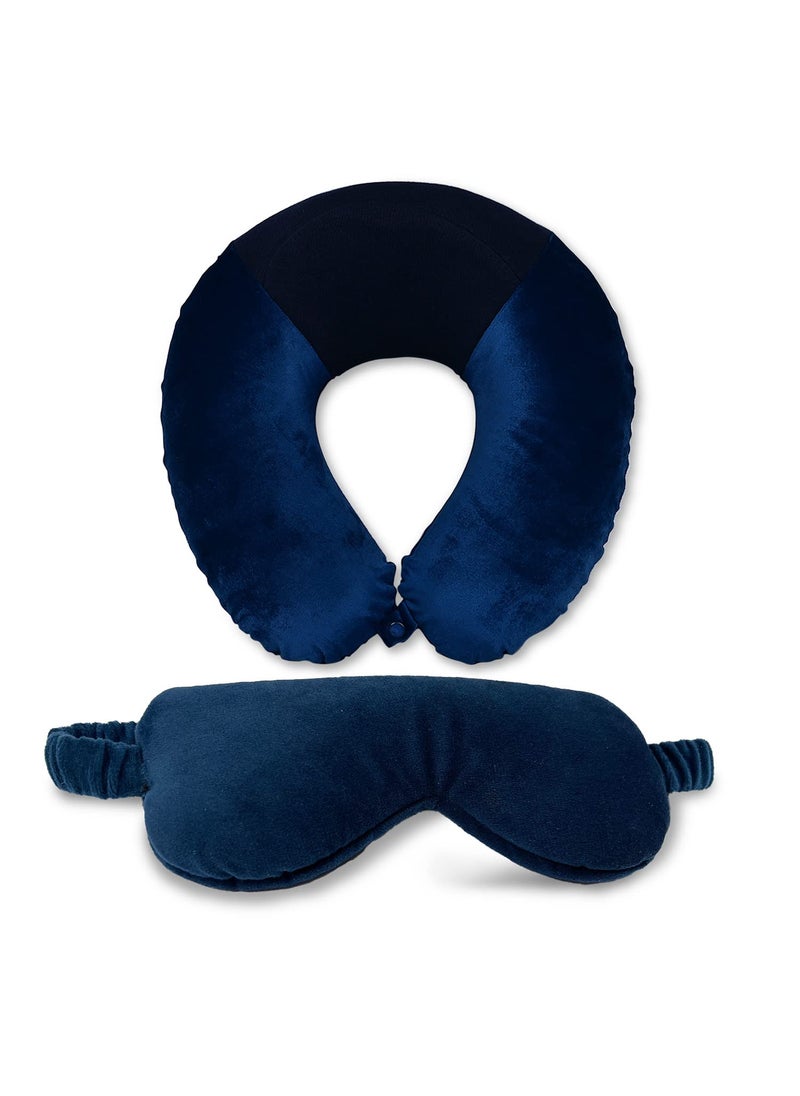 Sleepsia Memory Foam Travel Neck Raised Pillow with Comfortable Blue Velvet Eye Mask Combo Head Rest Pillow for Neck with Ultra Soft Lightblocker Eye MaskLong Road Trip Flights