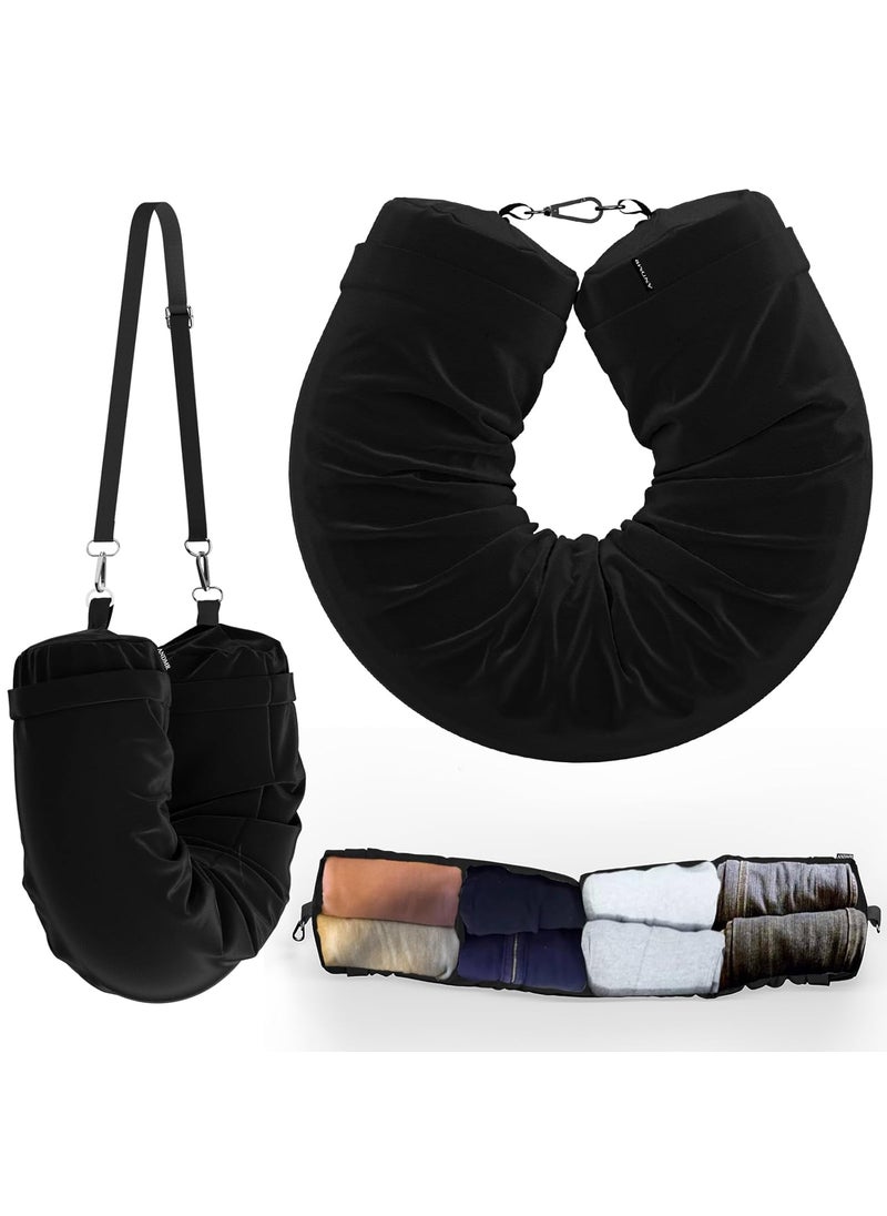 ANDMR Travel Neck Pillow Stuffable with Clothes No Extra Baggage Fees Fits 3 Days of Travel Storage Bag Travel Pillows for Sleeping Airplane No Filler Velvet Black