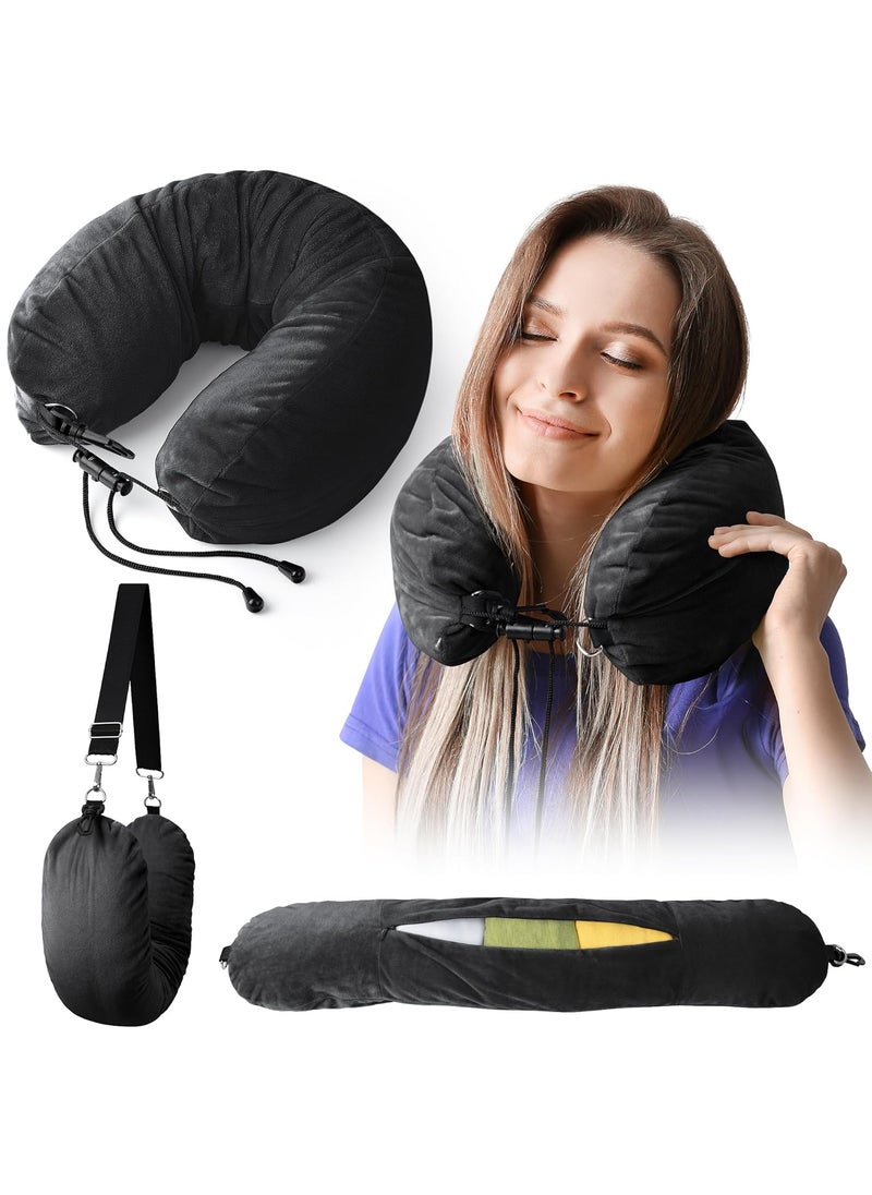 Vokelater Stuffable Neck Pillow for Travel Neck Pillow for Extra Luggage Storage Ideal 13 Days Travel Essentials Adjustable UShapes Airplane Pillow Size Soft Velvet Cover No Filler Black